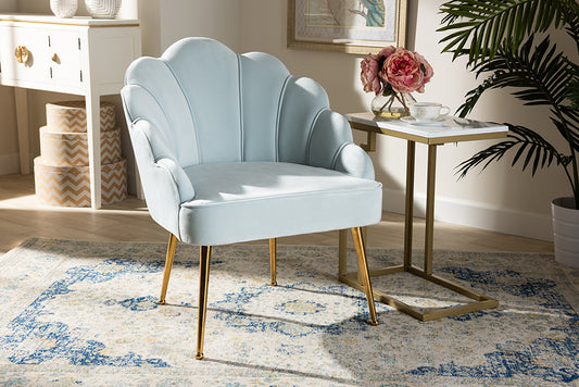 Baxton Studio Cinzia Glam and Luxe Light Blue Velvet Fabric Upholstered Gold Finished Seashell Shaped Accent Chair | Modishstore | Accent Chairs
