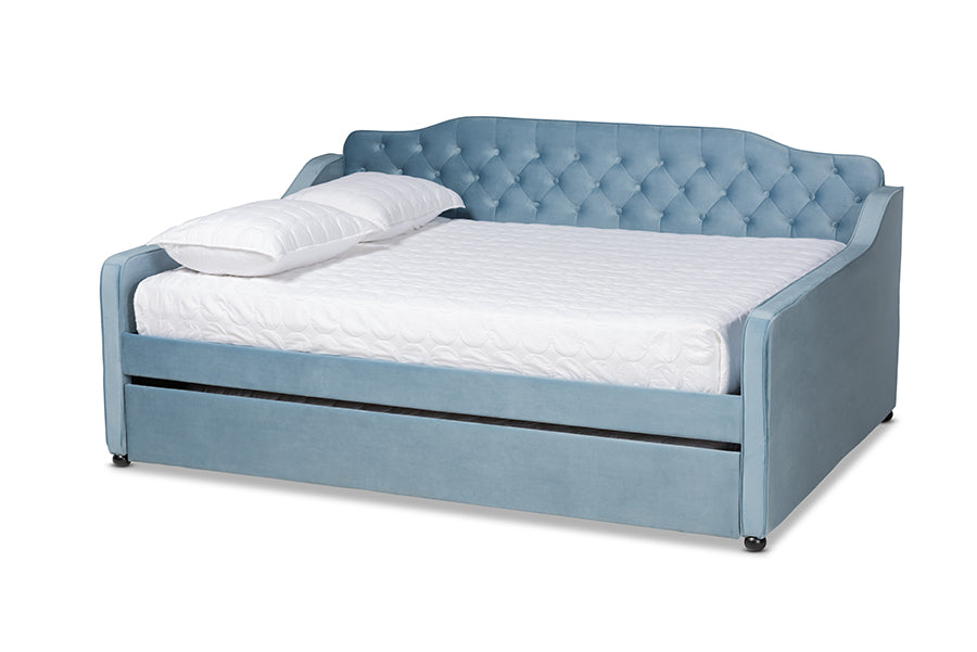 Baxton Studio Freda Transitional and Contemporary Light Blue Velvet Fabric Upholstered and Button Tufted Queen Size Daybed with Trundle | Daybeds | Modishstore - 6
