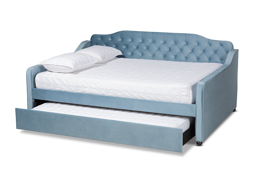 Baxton Studio Freda Transitional and Contemporary Light Blue Velvet Fabric Upholstered and Button Tufted Queen Size Daybed with Trundle | Daybeds | Modishstore - 5