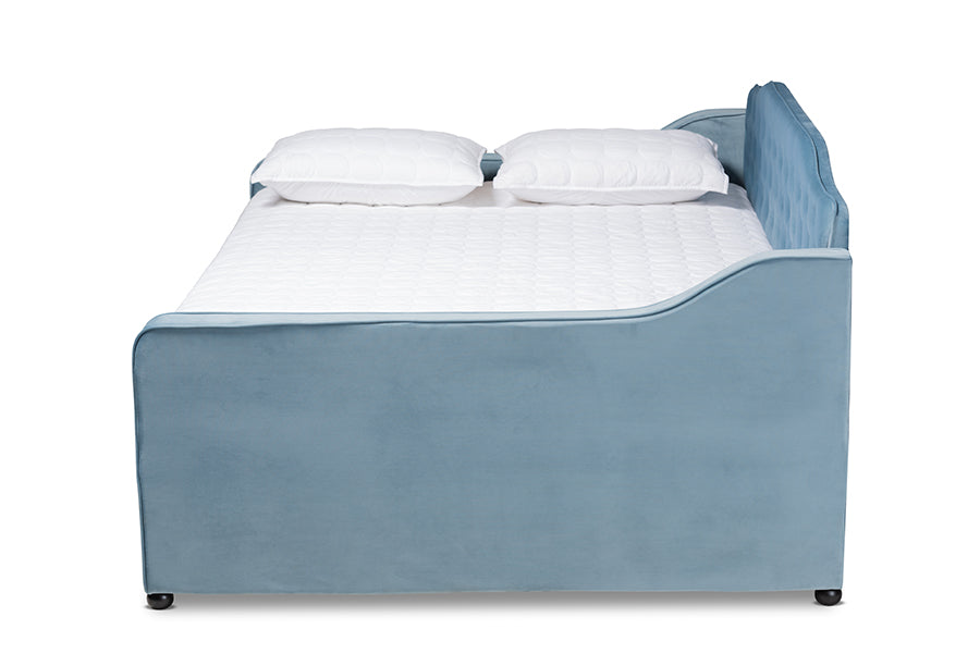 Baxton Studio Freda Transitional and Contemporary Light Blue Velvet Fabric Upholstered and Button Tufted Queen Size Daybed with Trundle | Daybeds | Modishstore - 3