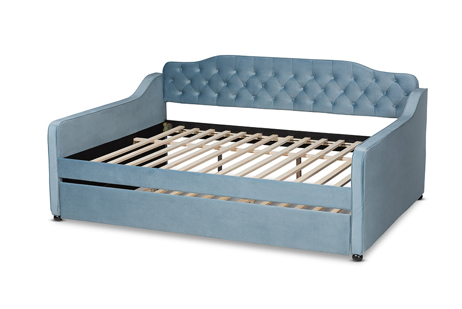 Baxton Studio Freda Transitional and Contemporary Light Blue Velvet Fabric Upholstered and Button Tufted Queen Size Daybed with Trundle | Daybeds | Modishstore - 7