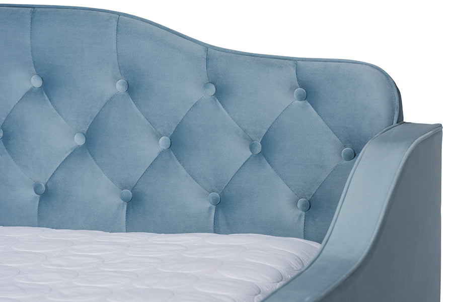 Baxton Studio Freda Transitional and Contemporary Light Blue Velvet Fabric Upholstered and Button Tufted Queen Size Daybed with Trundle | Daybeds | Modishstore - 4