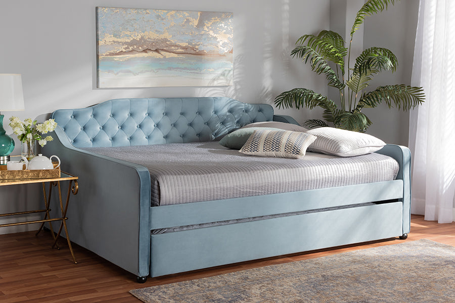Baxton Studio Freda Transitional and Contemporary Light Blue Velvet Fabric Upholstered and Button Tufted Queen Size Daybed with Trundle | Daybeds | Modishstore