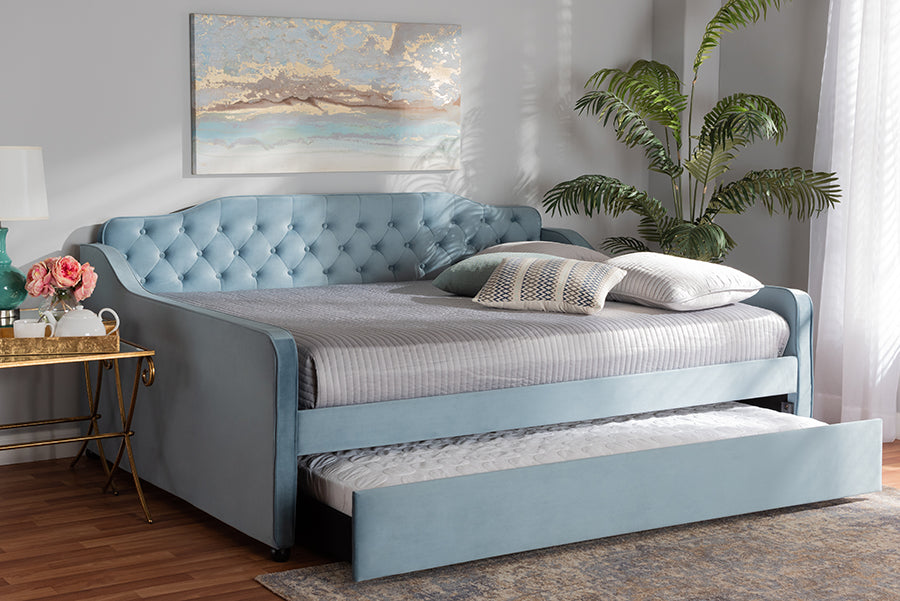 Baxton Studio Freda Transitional and Contemporary Light Blue Velvet Fabric Upholstered and Button Tufted Queen Size Daybed with Trundle | Daybeds | Modishstore - 2