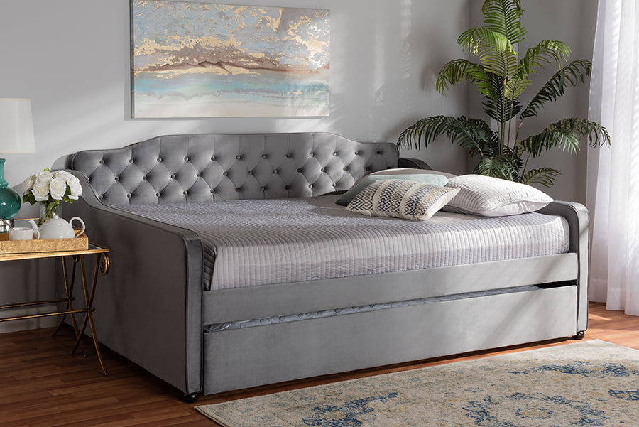 Baxton Studio Freda Transitional and Contemporary Grey Velvet Fabric Upholstered and Button Tufted Full Size Daybed with Trundle | Modishstore | Beds