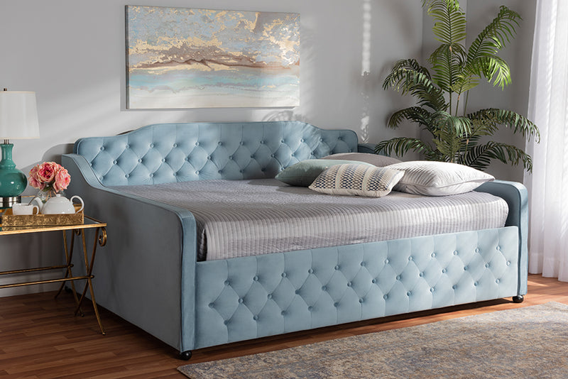 Baxton Studio Freda Transitional and Contemporary Light Blue Velvet Fabric Upholstered and Button Tufted Queen Size Daybed | Modishstore | Beds