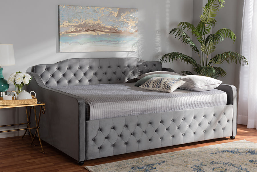 baxton studio freda transitional and contemporary grey velvet fabric upholstered and button tufted queen size daybed | Modish Furniture Store-2