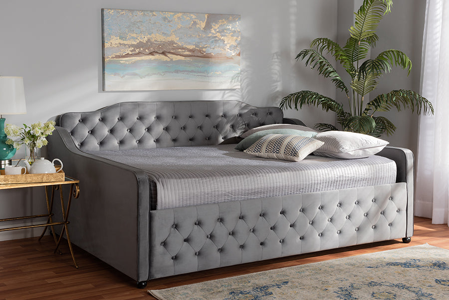 baxton studio freda transitional and contemporary grey velvet fabric upholstered and button tufted queen size daybed | Modish Furniture Store-3