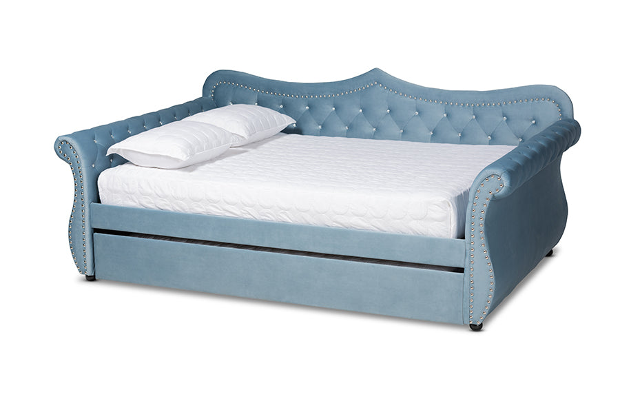 Baxton Studio Abbie Traditional and Transitional Light Blue Velvet Fabric Upholstered and Crystal Tufted Queen Size Daybed with Trundle | Daybeds | Modishstore - 7