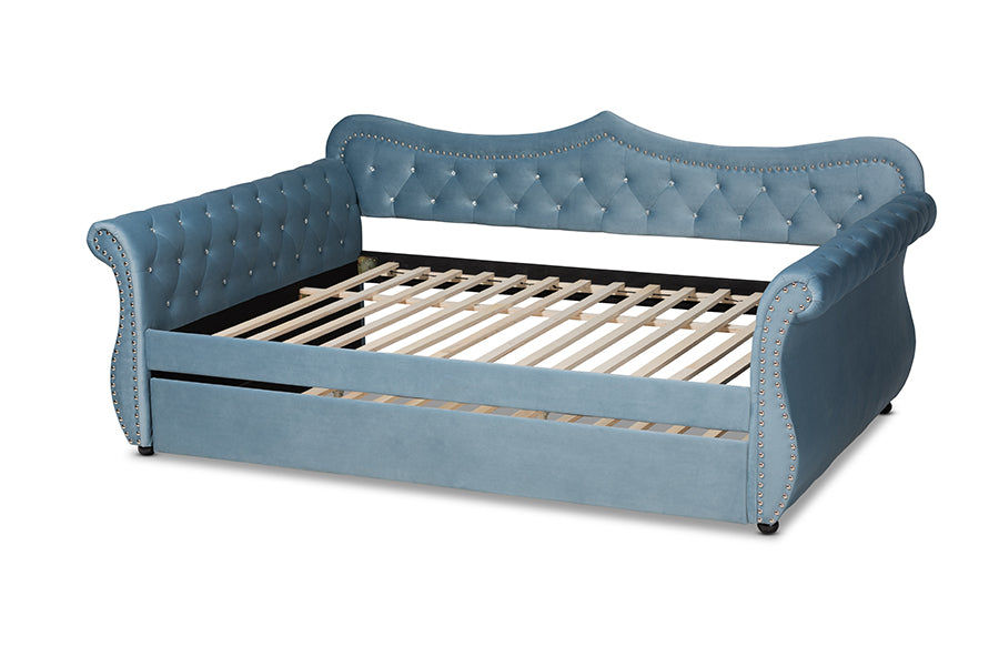 Baxton Studio Abbie Traditional and Transitional Light Blue Velvet Fabric Upholstered and Crystal Tufted Queen Size Daybed with Trundle | Daybeds | Modishstore - 8