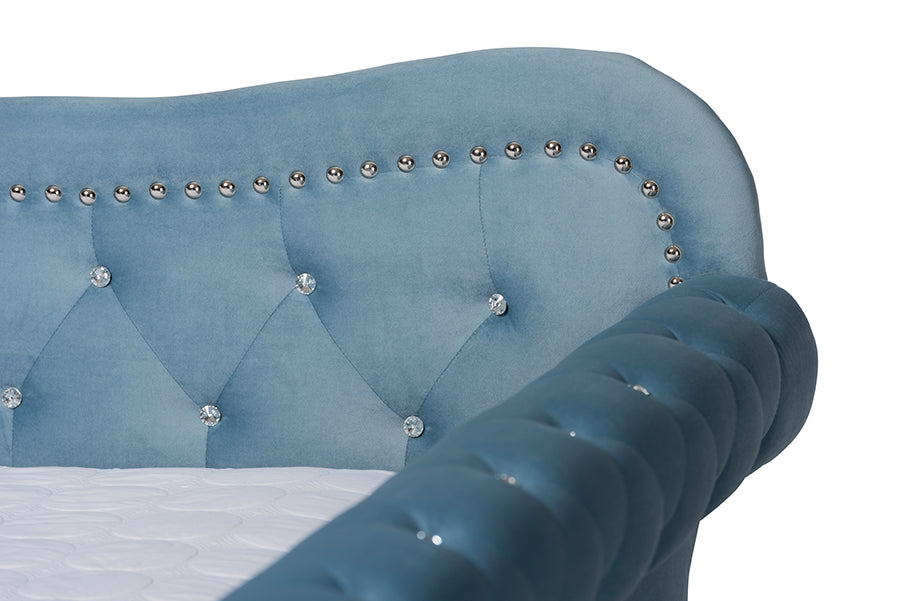 Baxton Studio Abbie Traditional and Transitional Light Blue Velvet Fabric Upholstered and Crystal Tufted Queen Size Daybed with Trundle | Daybeds | Modishstore - 6