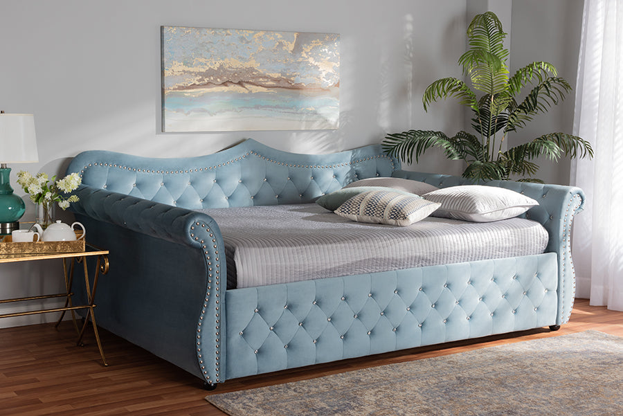 baxton studio abbie traditional and transitional light blue velvet fabric upholstered and crystal tufted full size daybed | Modish Furniture Store-2