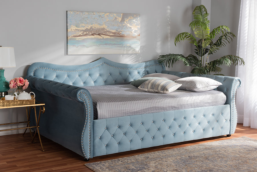 baxton studio abbie traditional and transitional light blue velvet fabric upholstered and crystal tufted full size daybed | Modish Furniture Store-3