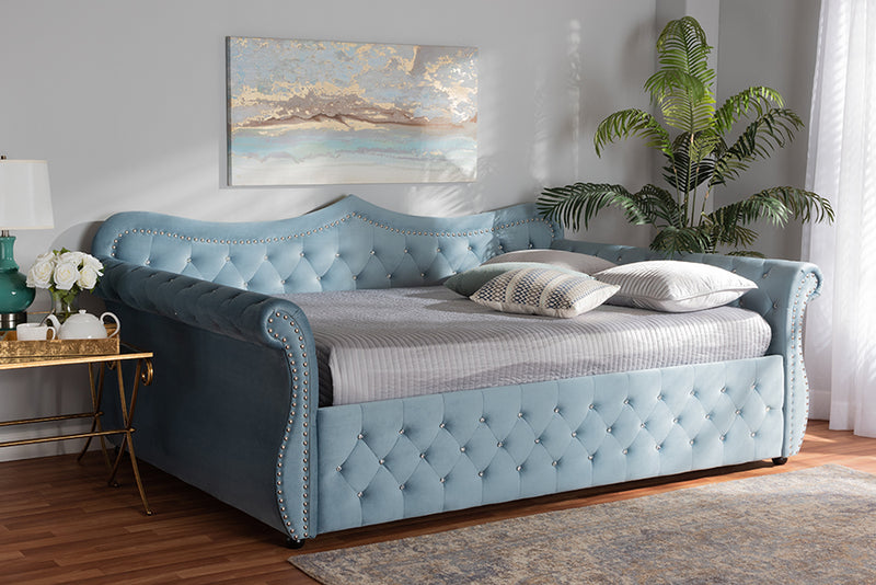 Baxton Studio Abbie Traditional and Transitional Light Blue Velvet Fabric Upholstered and Crystal Tufted Queen Size Daybed | Modishstore | Beds