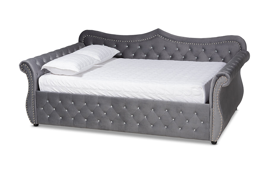 Baxton Studio Abbie Traditional and Transitional Grey Velvet Fabric Upholstered and Crystal Tufted Queen Size Daybed | Daybeds | Modishstore - 6
