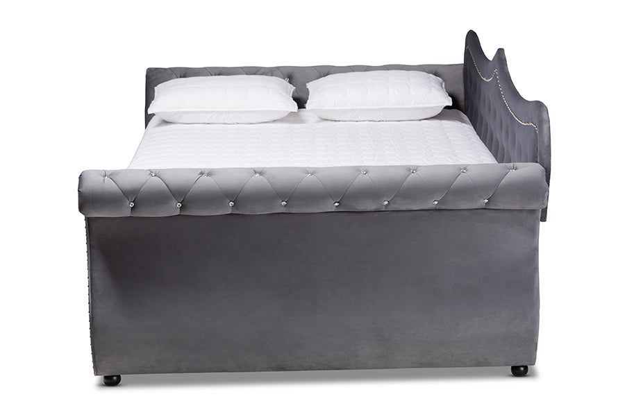 Baxton Studio Abbie Traditional and Transitional Grey Velvet Fabric Upholstered and Crystal Tufted Queen Size Daybed | Daybeds | Modishstore - 3