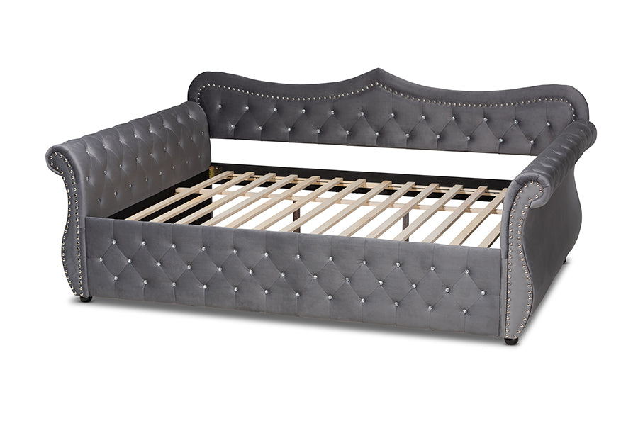 Baxton Studio Abbie Traditional and Transitional Grey Velvet Fabric Upholstered and Crystal Tufted Queen Size Daybed | Daybeds | Modishstore - 7