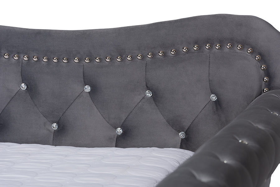 Baxton Studio Abbie Traditional and Transitional Grey Velvet Fabric Upholstered and Crystal Tufted Queen Size Daybed | Daybeds | Modishstore - 5