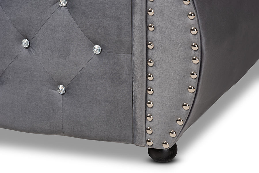 Baxton Studio Abbie Traditional and Transitional Grey Velvet Fabric Upholstered and Crystal Tufted Queen Size Daybed | Daybeds | Modishstore - 4