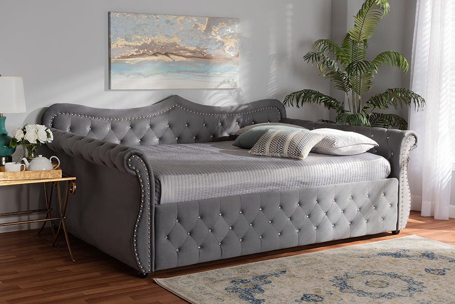 Baxton Studio Abbie Traditional and Transitional Grey Velvet Fabric Upholstered and Crystal Tufted Queen Size Daybed | Daybeds | Modishstore