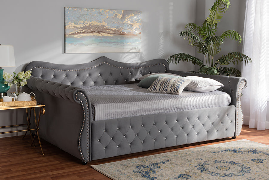 Baxton Studio Abbie Traditional and Transitional Grey Velvet Fabric Upholstered and Crystal Tufted Full Size Daybed | Modishstore | Beds