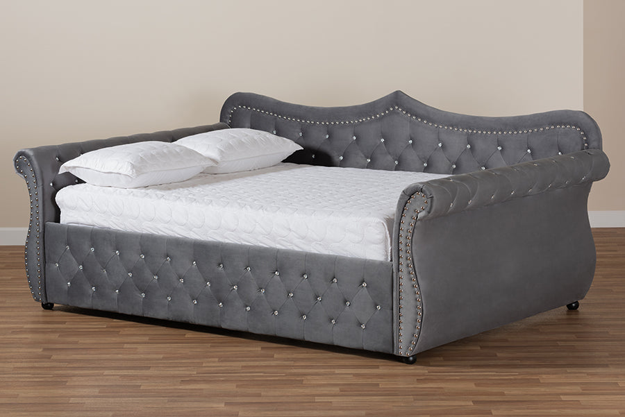 Baxton Studio Abbie Traditional and Transitional Grey Velvet Fabric Upholstered and Crystal Tufted Queen Size Daybed | Daybeds | Modishstore - 2