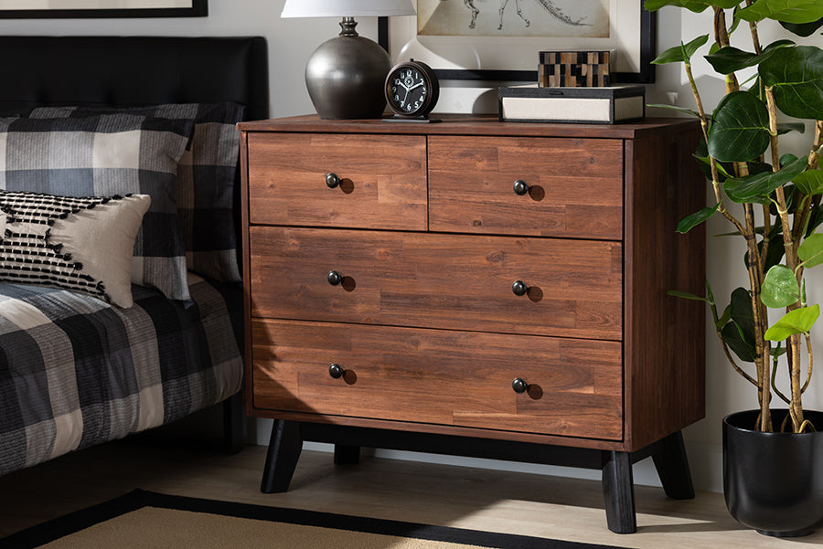 Baxton Studio Calla Modern and Contemporary Brown and Black Oak Finished 4-Drawer Wood Dresser | Modishstore | Drawers