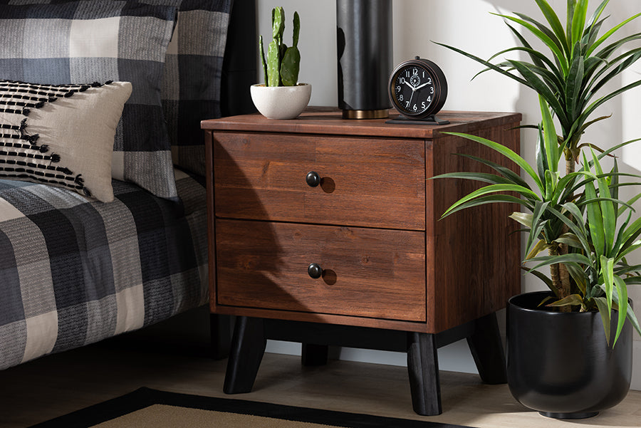 Baxton Studio Calla Modern and Contemporary Brown and Black Oak Finished 2-Drawer Wood Nightstand | Modishstore | Nightstands