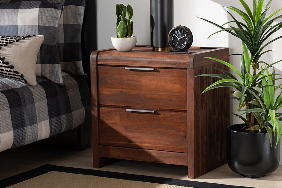 Baxton Studio Torres Modern and Contemporary Brown Oak Finished 2-Drawer Wood Nightstand | Modishstore | Nightstands