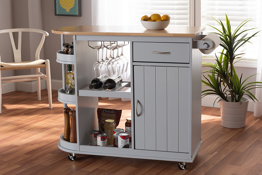 Baxton Studio Donnie Coastal and Farmhouse Two-Tone Light Grey and Natural Finished Wood Kitchen Storage Cart | Modishstore | Cabinets