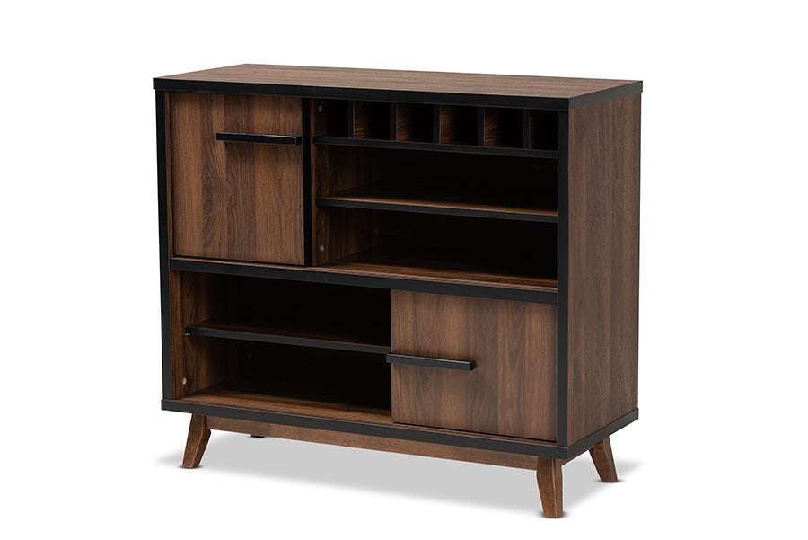 baxton studio margo mid century modern two tone walnut brown and black finished wood wine storage cabinet | Modish Furniture Store-2