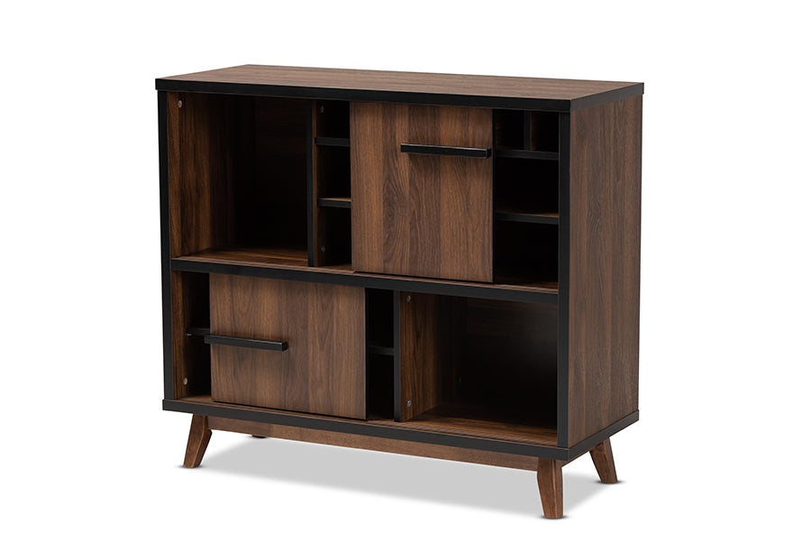 baxton studio margo mid century modern two tone walnut brown and black finished wood wine storage cabinet | Modish Furniture Store-3