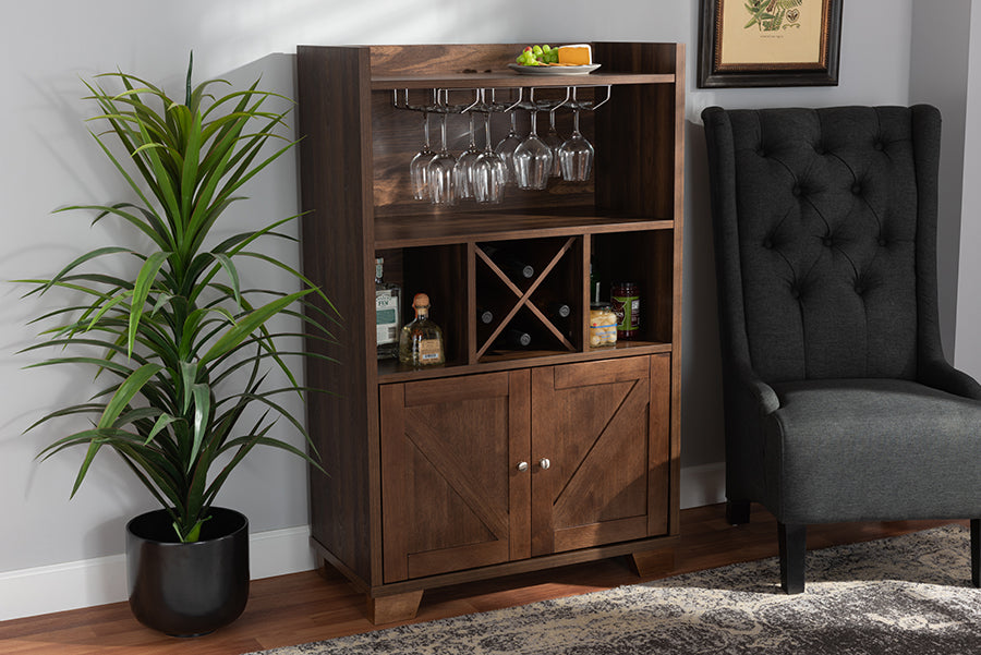 Baxton Studio Carrie Transitional Farmhouse Walnut Brown Finished Wood Wine Storage Cabinet | Modishstore | Cabinets