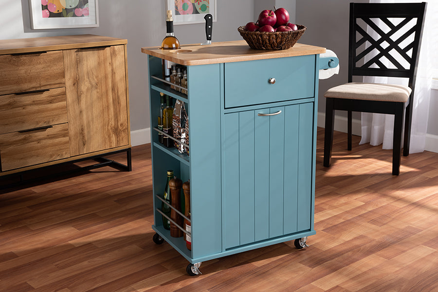 Baxton Studio Liona Modern and Contemporary Sky Blue Finished Wood Kitchen Storage Cart | Bar Carts | Modishstore - 2