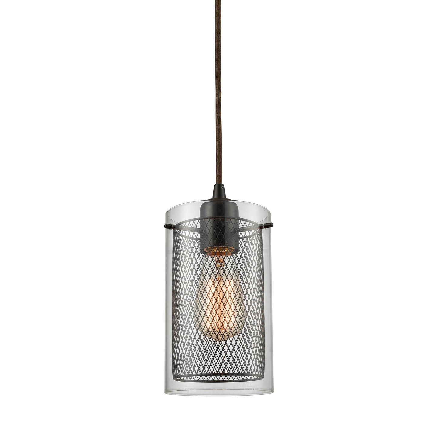 Brant 1-Light Mini Pendant in Oiled Bronze with Clear Glass and Metal Fishnet Shade ELK Lighting | Pendant Lamps | Modishstore