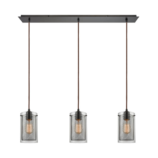 Brant 3-Light Linear Mini Pendant Fixture in Oiled Bronze with Clear Glass and Metal Fishnet Shade ELK Lighting | Pendant Lamps | Modishstore