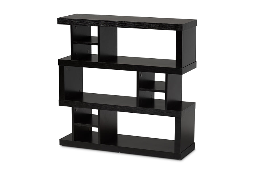 baxton studio dora modern and contemporary dark brown finished wood 3 tier geometric bookshelf | Modish Furniture Store-2