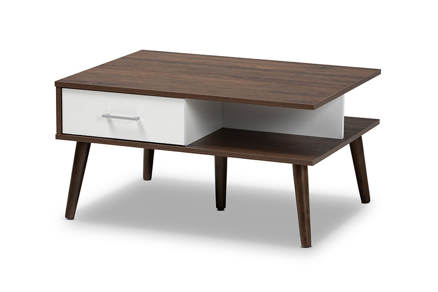 baxton studio merlin mid century modern two tone walnut and white finished 2 drawer wood coffee table | Modish Furniture Store-2