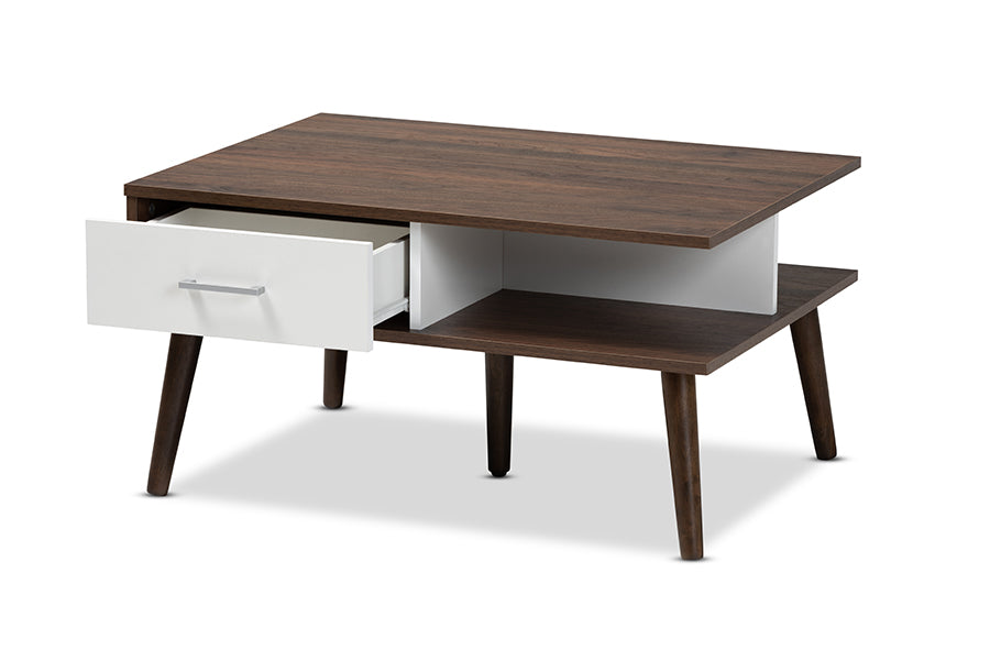 baxton studio merlin mid century modern two tone walnut and white finished 2 drawer wood coffee table | Modish Furniture Store-3