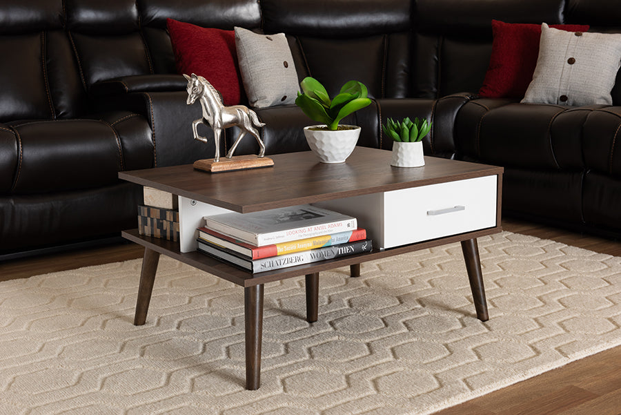 Baxton Studio Merlin Mid-Century Modern Two-Tone Walnut and White Finished 2-Drawer Wood Coffee Table | Modishstore | Coffee Tables