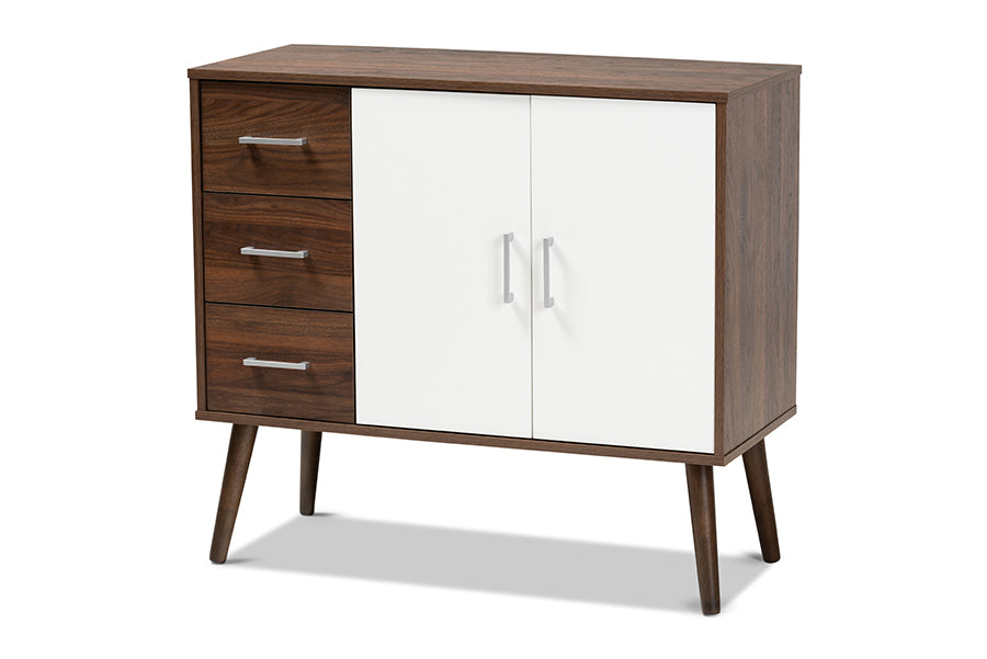 baxton studio leena mid century modern two tone white and walnut brown finished wood 3 drawer sideboard buffet | Modish Furniture Store-2