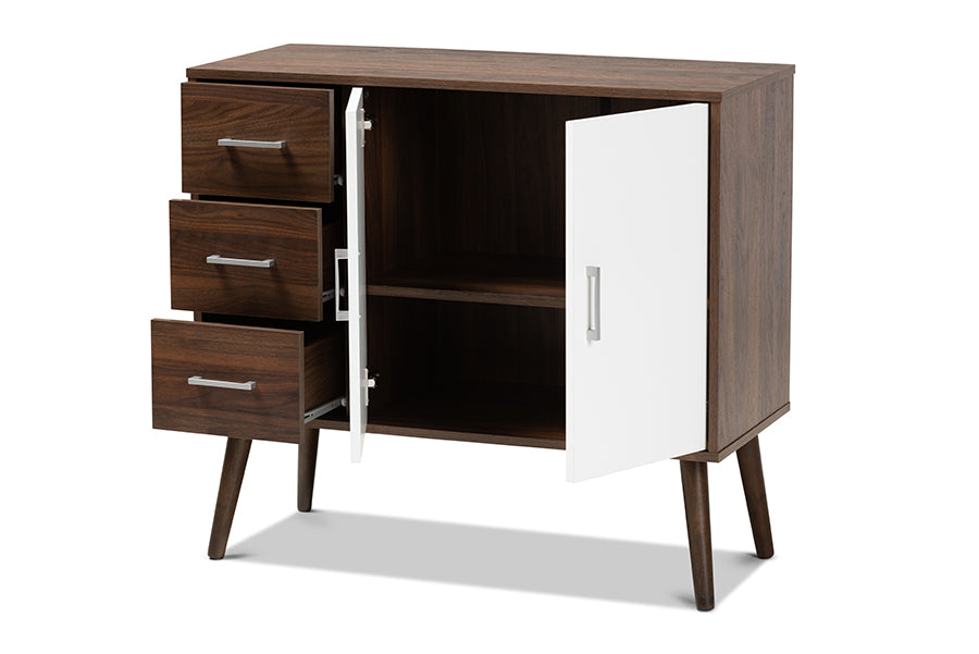 baxton studio leena mid century modern two tone white and walnut brown finished wood 3 drawer sideboard buffet | Modish Furniture Store-3