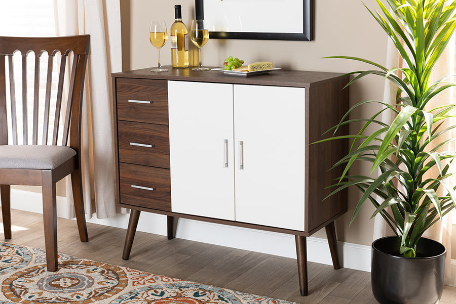 Baxton Studio Leena Mid-Century Modern Two-Tone White and Walnut Brown Finished Wood 3-Drawer Sideboard Buffet | Modishstore | Sideboards
