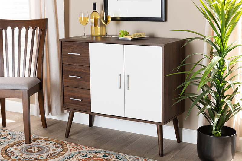 Baxton Studio Leena Mid-Century Modern Two-Tone White and Walnut Brown Finished Wood 3-Drawer Sideboard Buffet | Modishstore | Sideboards