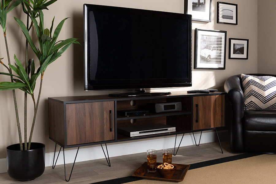 Baxton Studio Corina Mid-Century Modern Two-Tone Walnut and Black Finished Wood TV Stand | Modishstore | TV Stands