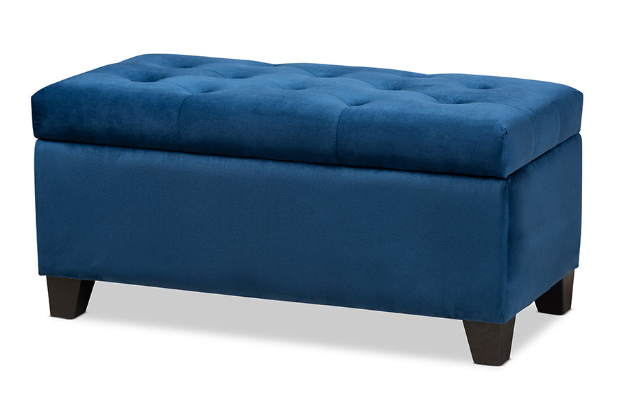 baxton studio michaela modern and contemporary navy blue velvet fabric upholstered storage ottoman | Modish Furniture Store-2