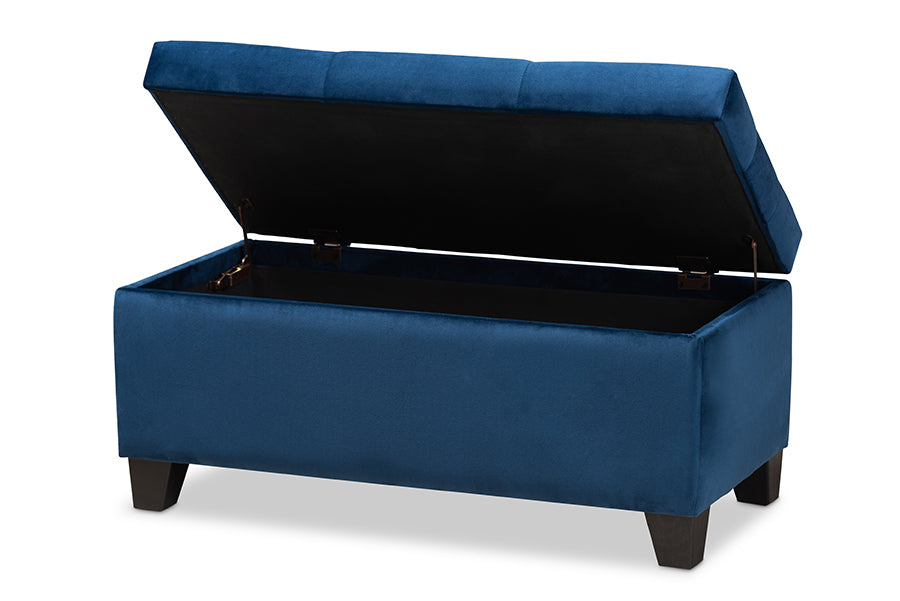 baxton studio michaela modern and contemporary navy blue velvet fabric upholstered storage ottoman | Modish Furniture Store-3