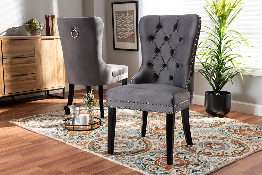 Baxton Studio Remy Modern Transitional Grey Velvet Fabric Upholstered Espresso Finished 2-Piece Wood Dining Chair Set Set | Modishstore | Dining Chairs