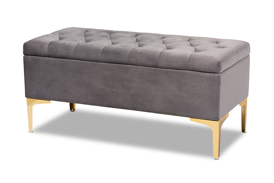 baxton studio valere glam and luxe grey velvet fabric upholstered gold finished button tufted storage ottoman | Modish Furniture Store-2
