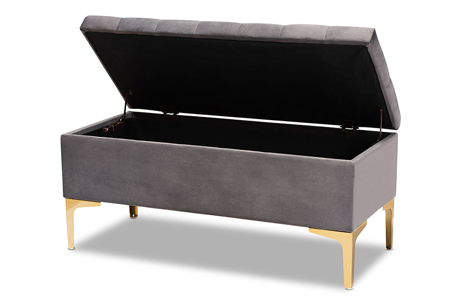 baxton studio valere glam and luxe grey velvet fabric upholstered gold finished button tufted storage ottoman | Modish Furniture Store-3